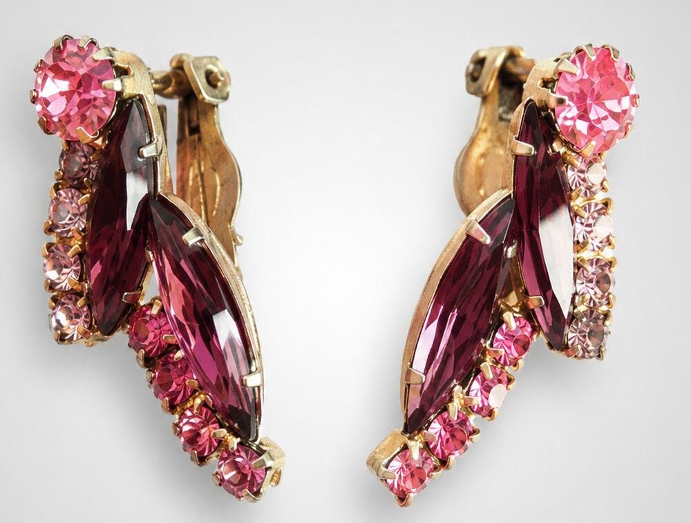 Pink Purple Rhinestone Earrings Clip-on Vintage Mid-Century Long Elegant rc-43